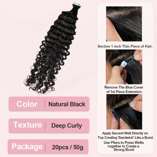 Natural color Deep curly Tape in Hair Extensions Virgin Human Hair 20pcs 50g each pack Seamless Skin Hair Natural color Deep curly Tape in Hair Extensions Virgin Human Hair 20pcs 50g each pack Seamless Skin Hair