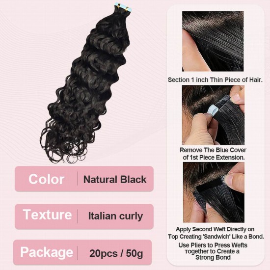 Natural color Italian curly Tape in Hair Extensions Virgin Human Hair 20pcs 50g each pack Seamless Skin Hair Natural color Italian curly Tape in Hair Extensions Virgin Human Hair 20pcs 50g each pack Seamless Skin Hair